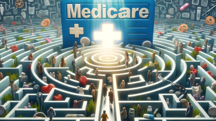 digital painting representing the concept 'Navigating the Medicare Maze'. Imagine a vast, intricate labyrinth made of medical symbols